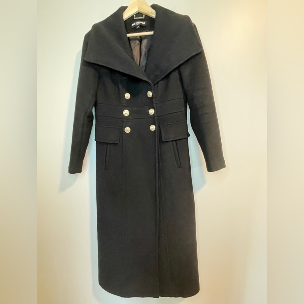 KARL LAGERFELD PARIS Double Breasted Wool Blend Black Military Coat